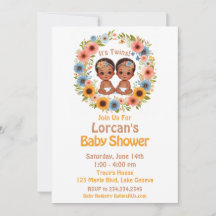 Cute African Twin Boys Baby Shower Watercolor