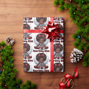Cute Afro Angel Little Girl Red & Black Christmas Wrapping Paper