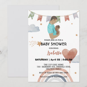 Cute afro dad rainbow star balloon baby shower invitation