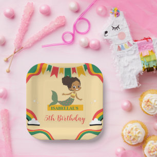 Cute afro mermaid African american girls Birthday  Paper Plate