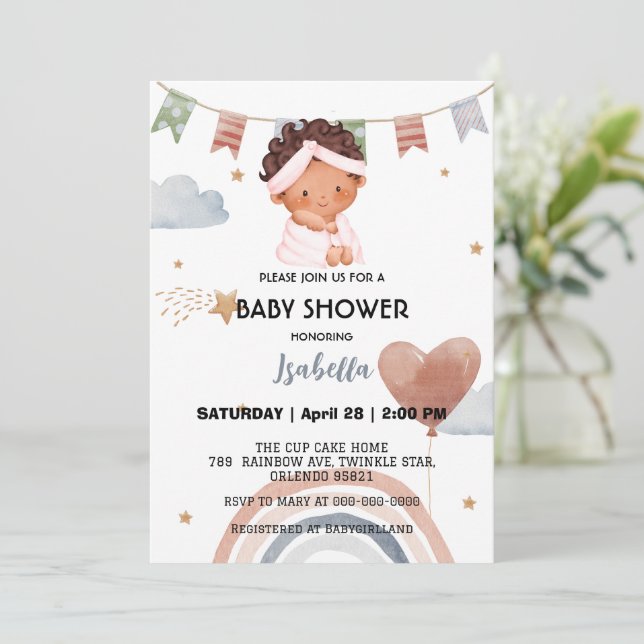 Cute afro rainbow star balloon baby shower party invitation (Standing Front)