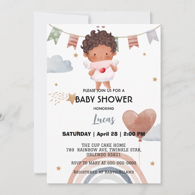 Cute afro rainbow star balloon baby shower party invitation (Front)