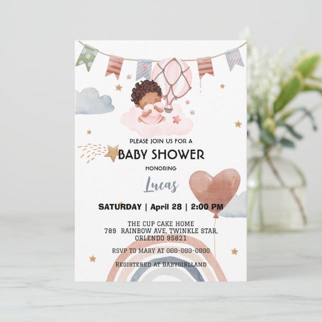 Cute afro rainbow star balloon baby shower party invitation (Standing Front)