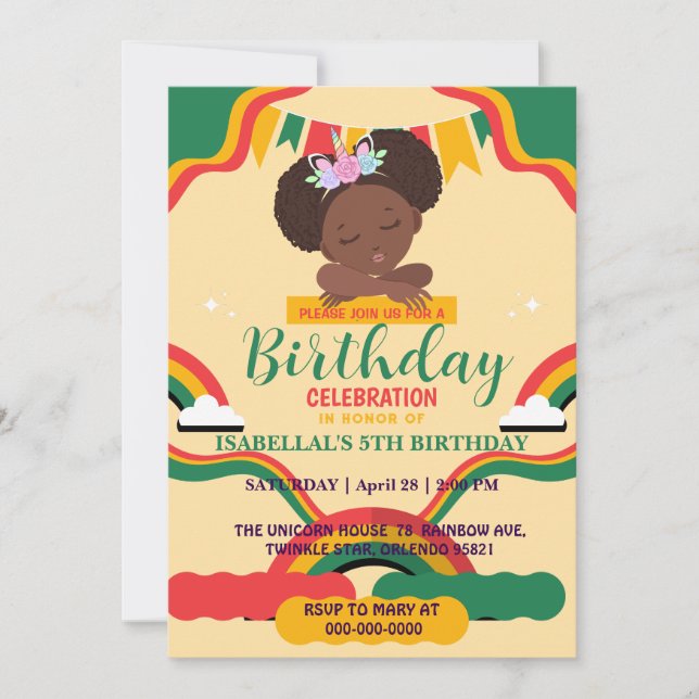 Cute afro unicorn African american girls Birthday  Invitation (Front)