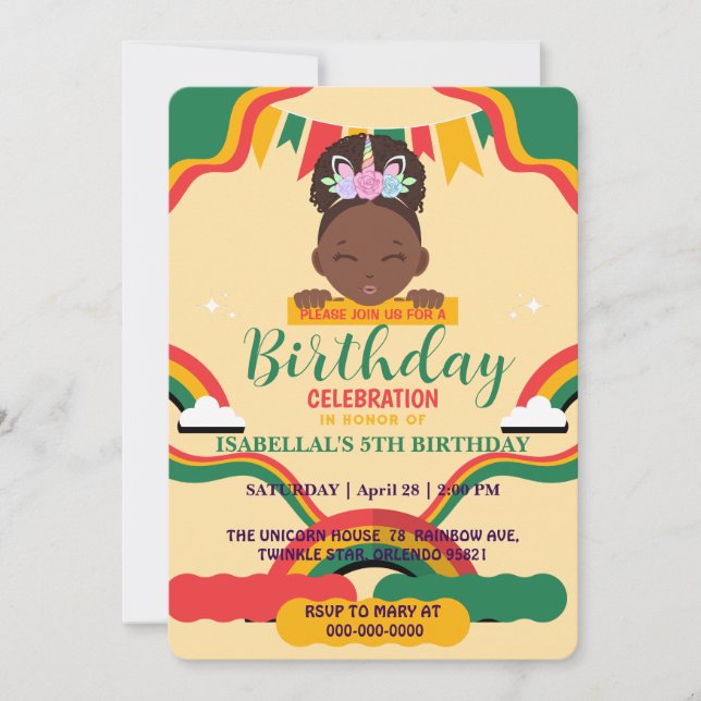 Cute afro unicorn African american girls Birthday  Invitation (Front)