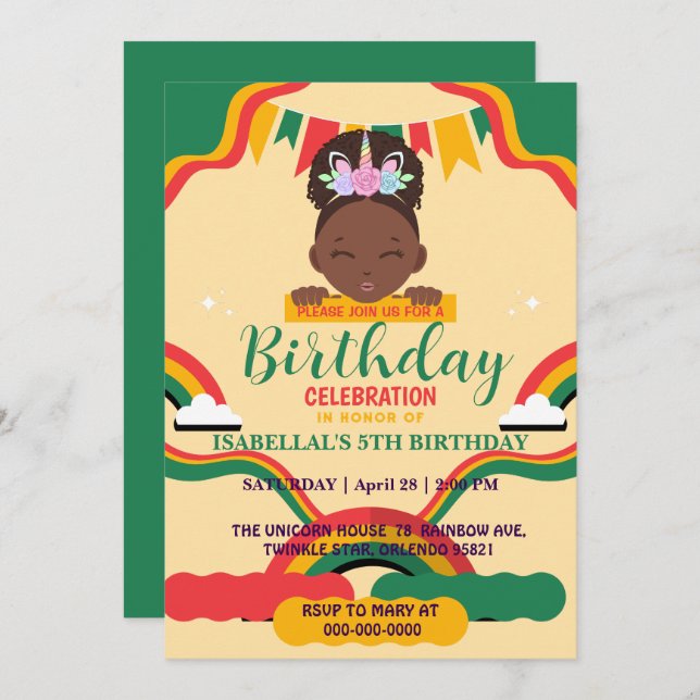 Cute afro unicorn African american girls Birthday  Invitation (Front/Back)