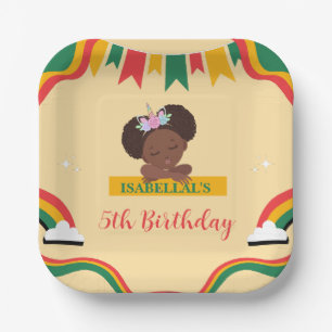 Cute afro unicorn African american girls Birthday Paper Plate