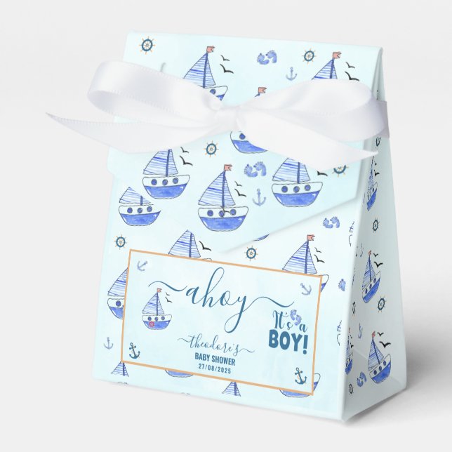 Cute Ahoy It's a Boy Sailboat Nautical Baby Shower Favour Box (Front Side)