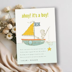 Cute Ahoy Teddy Bear Sailboat Baby Announcement