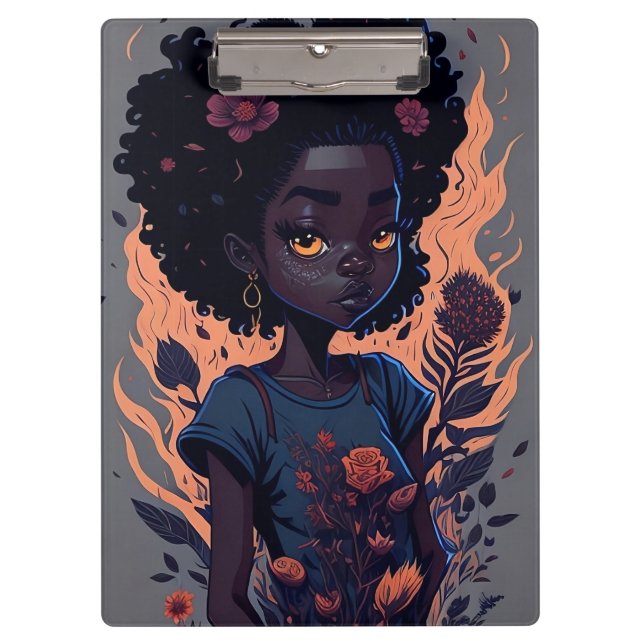 Cute Ai Generated Girl with Flowers and Flames Clipboard (Front)