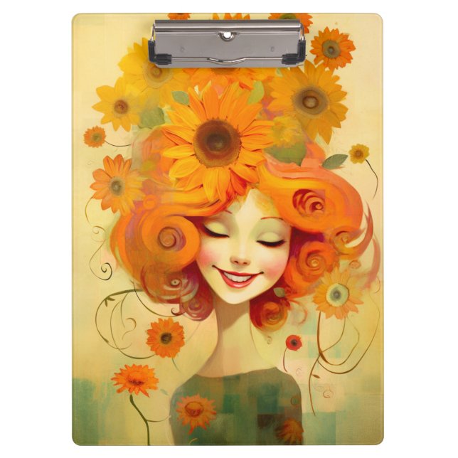 Cute Ai Generated Girl with Sunflowers Clipboard (Front)