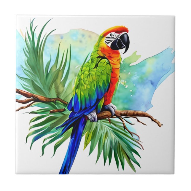 Cute AI Generated Macaw Parrot Ceramic Tile (Front)