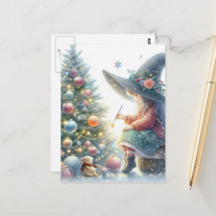 Cute AI Generated Witch and a Yule Tree Postcard