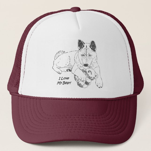 Cute akita and teddy bear dog art maroon trucker hat (Front)