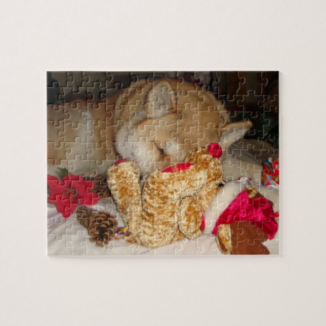 Cute akita dog christmas teddy asleep christmas jigsaw puzzle (Horizontal)