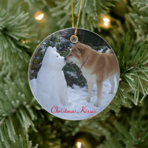 cute akita dog kissing snowman akita christmas ceramic tree decoration