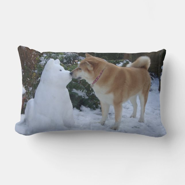 cute akita dog kissing snowman at christmas lumbar cushion (Front)
