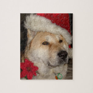 Cute akita dog red santa hat pointsettia christmas jigsaw puzzle