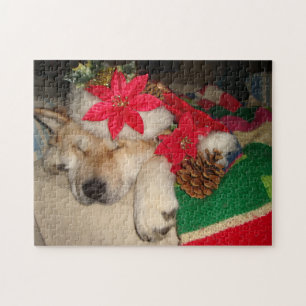 Cute akita dog santa hat cone decoration christmas jigsaw puzzle