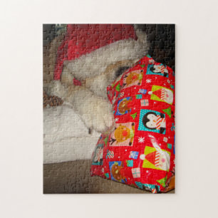 Cute akita in red santa hat for christmas jigsaw puzzle
