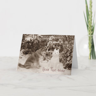 cute akita in the snow with a snowman akita photo holiday card
