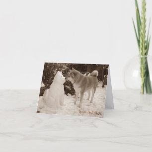 cute akita kissing snowman akita photograph card