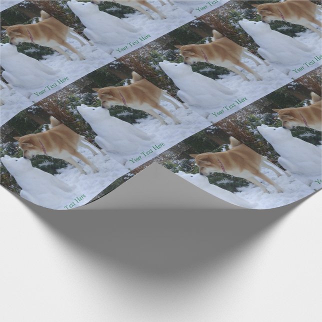 cute akita kissing snowman akita photograph wrapping paper (Corner)