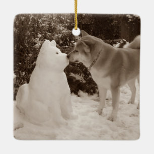 cute akita kissing snowman akita seasonal ceramic ornament
