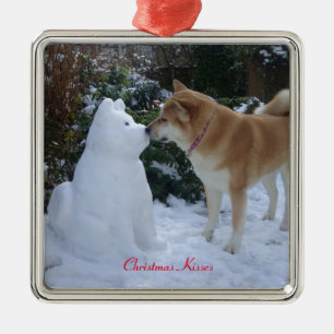 cute akita kissing snowman akita seasonal metal tree decoration