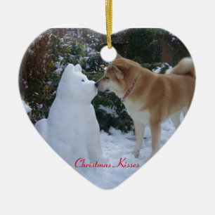 cute akita kissing snowman akita seasonal photo ceramic tree decoration