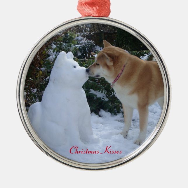 cute akita kissing snowman akita seasonal photo metal tree decoration (Front)