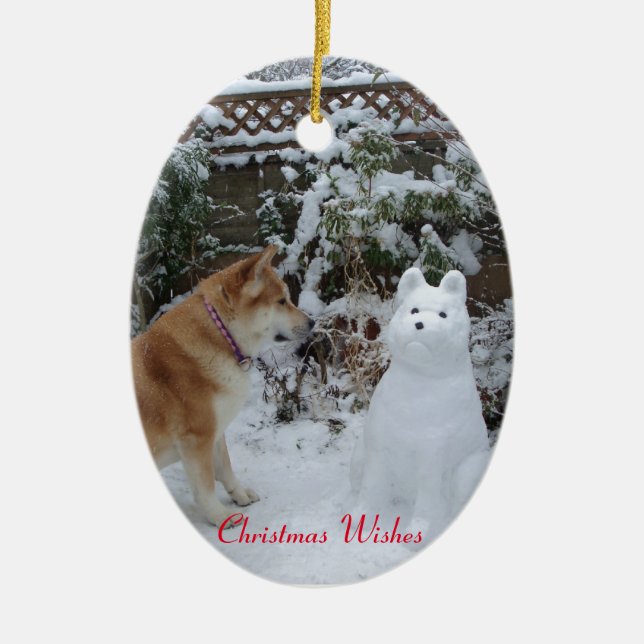 cute akita sitting with snowman snow dog ceramic ornament (Front)