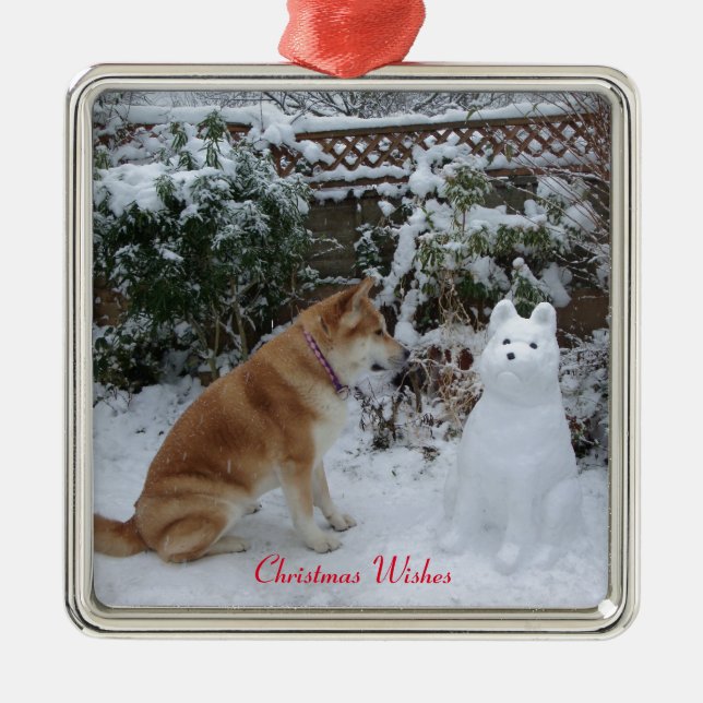cute akita sitting with snowman snow dog metal tree decoration (Front)
