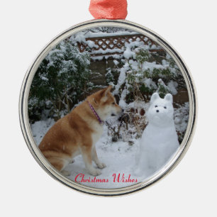 cute akita sitting with snowman snow dog photo metal ornament