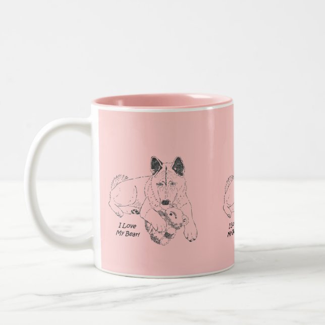 Cute akita with pink teddy bear art Two-Tone coffee mug (Left)