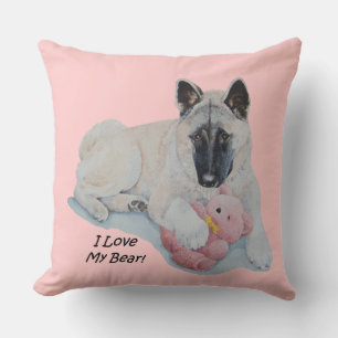 cute akita with pink teddy picture black faced dog cushion