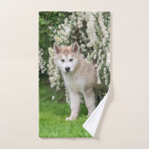 Cute Alaskan Malamute Dog Puppy in Flowers Photo - Bath Towel Set