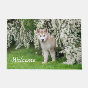 Cute Alaskan Malamute Dog Puppy in Flowers Photo Doormat