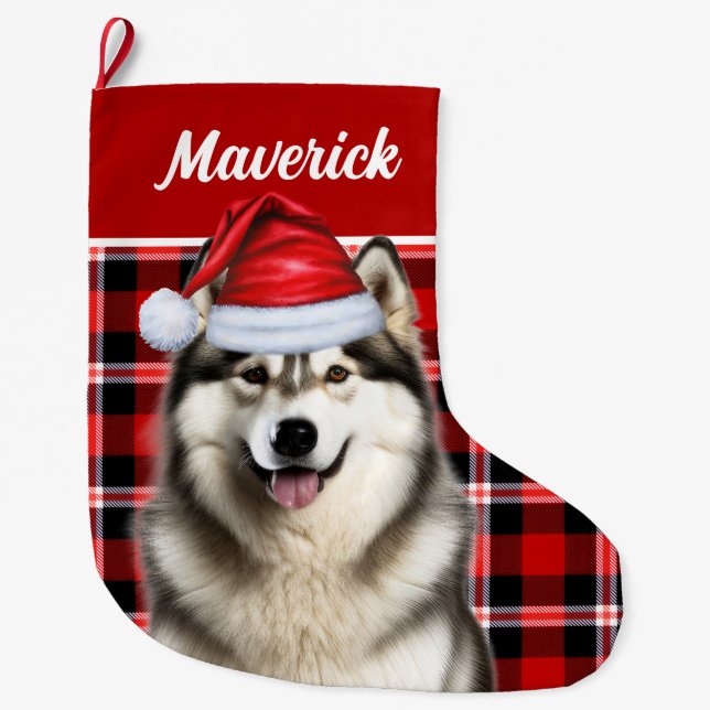 Cute Alaskan Malamute Holiday Plaid Custom Large Christmas Stocking (Front)
