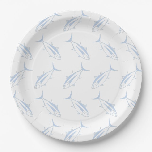 Cute Albacore Tuna Fish in Pastel Blue and White Paper Plate (Front)