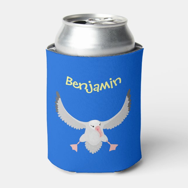 Cute albatross bird flying cartoon illustration can cooler (Can Front)