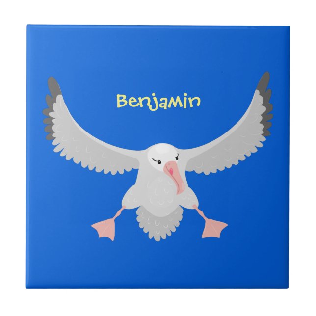 Cute albatross bird flying cartoon illustration ceramic tile (Front)