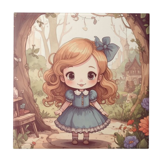 Cute Alice in Wonderland Whimsical Woodland Art Ceramic Tile (Front)