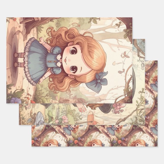 Cute Alice in Wonderland Whimsical Woodland Art Wrapping Paper Sheet (Set)
