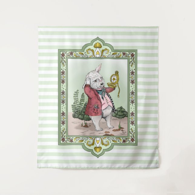 Cute Alice in Wonderland White Rabbit "I'm Late" Tapestry (Front)
