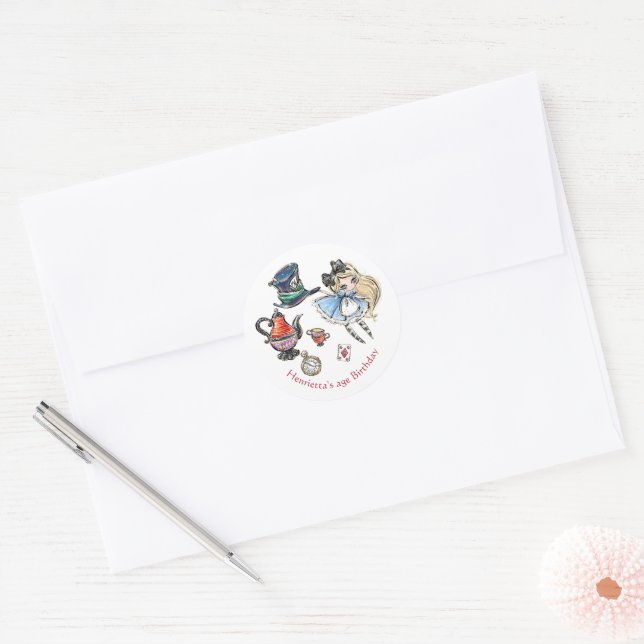 Cute Alice Mad Hatter Tea Party Birthday Sticker (Envelope)