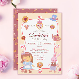 Cute Alice' Tea Party Cream Birthday Invitation