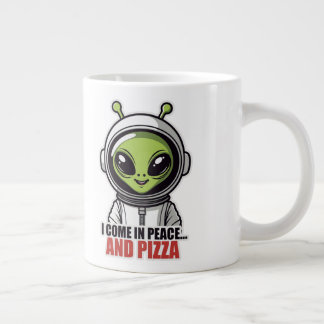 Cute Alien Astronaut "I Come in Peace and Pizza" Large Coffee Mug