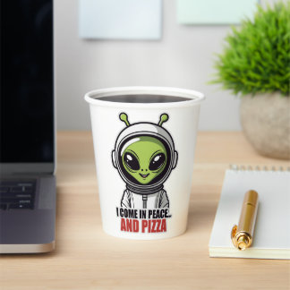 Cute Alien Astronaut "I Come in Peace and Pizza" Paper Cups