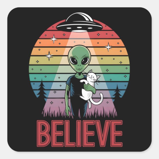 Cute Alien Cat Believe UFO Sunset Sticker (Front)